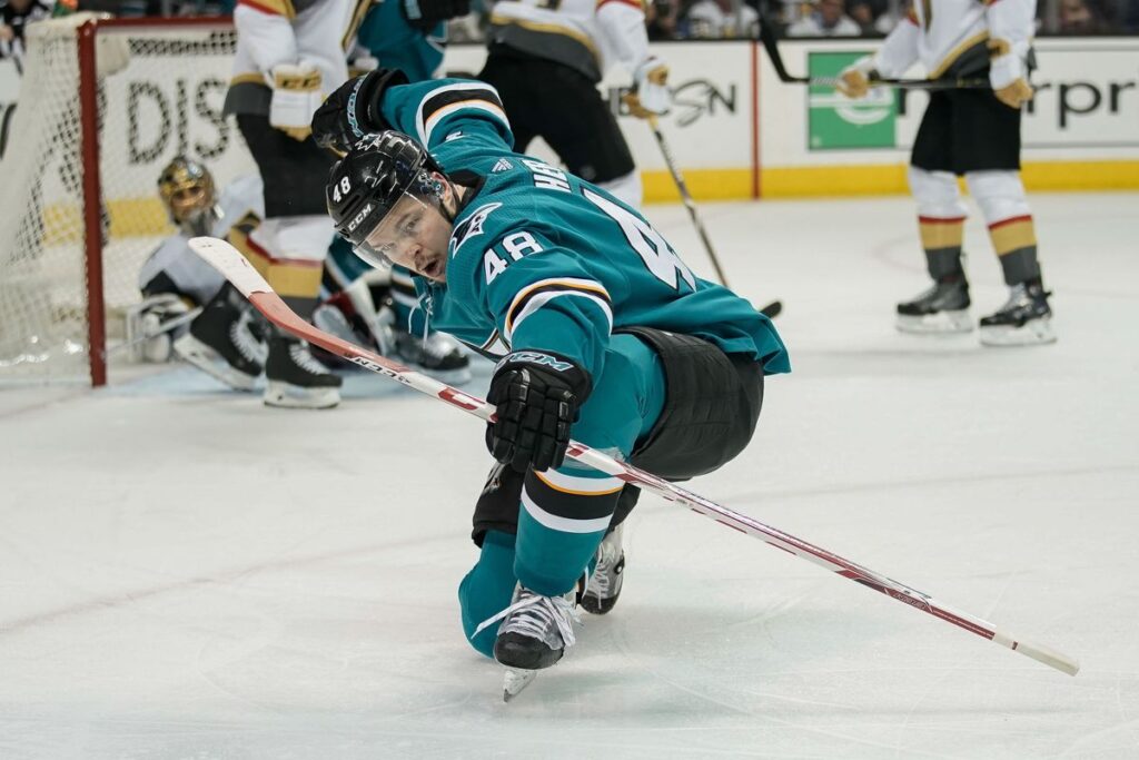 Hertl scoring in a game against Vegas.